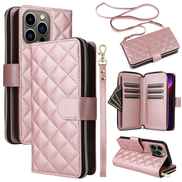 For iPhone 13 Pro Case Wallet PU Leather Rhombus Stand Anti-Fall Phone Cover