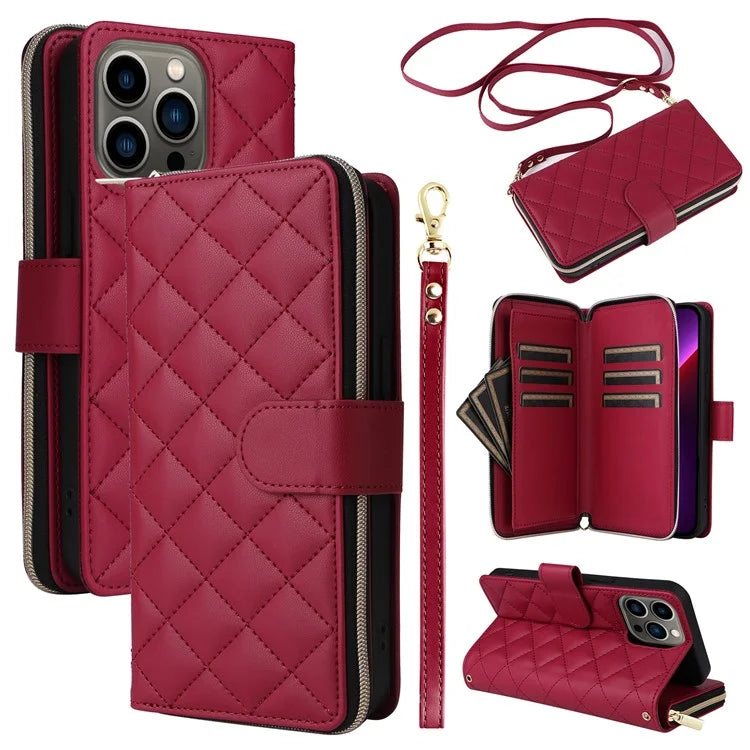 For iPhone 13 Pro Case Wallet PU Leather Rhombus Stand Anti-Fall Phone Cover