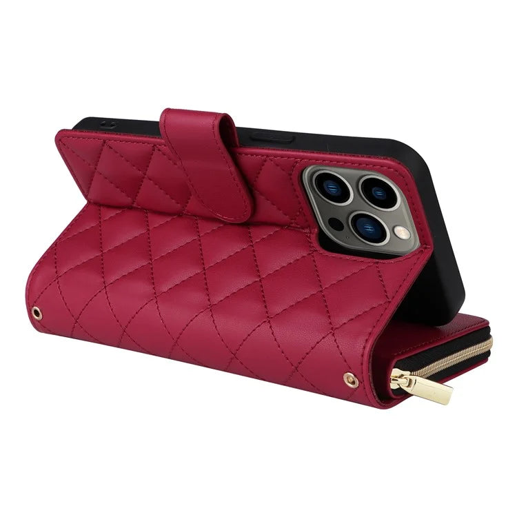 For iPhone 13 Pro Case Wallet PU Leather Rhombus Stand Anti-Fall Phone Cover