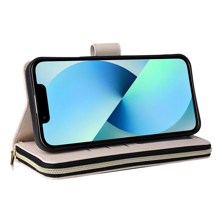 For iPhone 13 mini Case Leather Zipper Pouch Wallet Crossbody Phone Cover