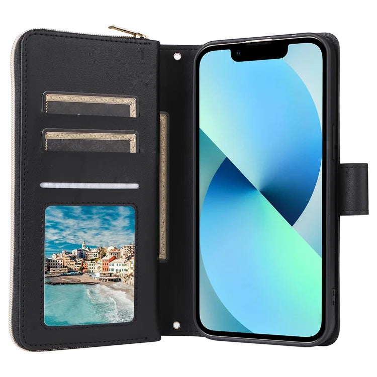 For iPhone 13 mini Case Leather Zipper Pouch Wallet Crossbody Phone Cover