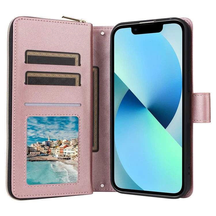 For iPhone 13 mini Case Leather Zipper Pouch Wallet Crossbody Phone Cover
