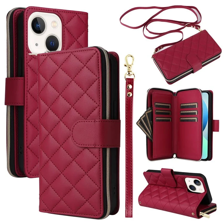 For iPhone 13 mini Case Leather Zipper Pouch Wallet Crossbody Phone Cover