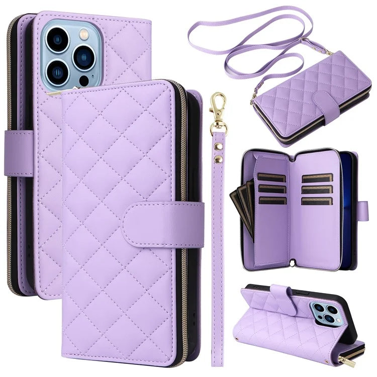 For iPhone 13 Pro Max Case PU Leather Rhombus Stand Anti-Drop Wallet Phone Cover