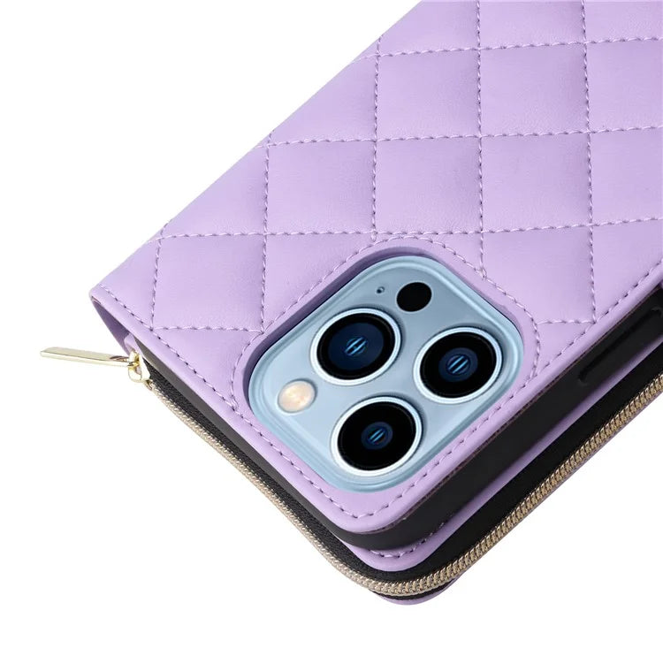 For iPhone 13 Pro Max Case PU Leather Rhombus Stand Anti-Drop Wallet Phone Cover
