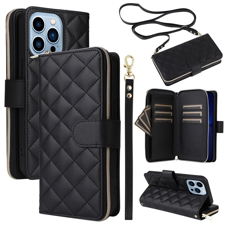 For iPhone 13 Pro Max Case PU Leather Rhombus Stand Anti-Drop Wallet Phone Cover