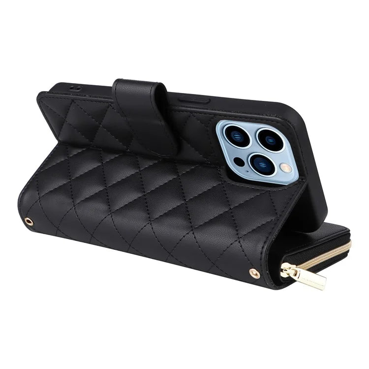 For iPhone 13 Pro Max Case PU Leather Rhombus Stand Anti-Drop Wallet Phone Cover