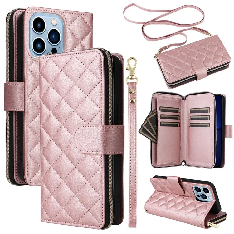 For iPhone 13 Pro Max Case PU Leather Rhombus Stand Anti-Drop Wallet Phone Cover