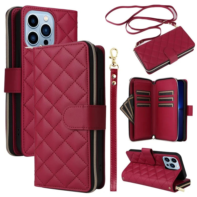 For iPhone 13 Pro Max Case PU Leather Rhombus Stand Anti-Drop Wallet Phone Cover