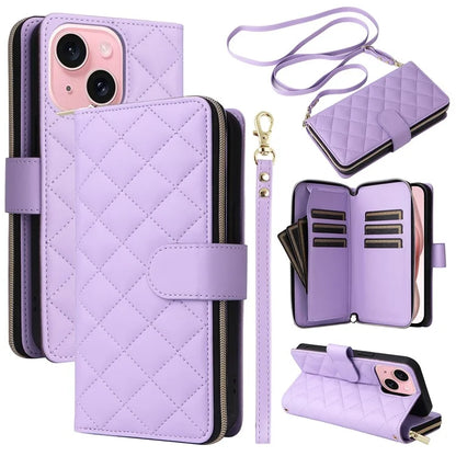 For iPhone 15 Case Leather Zipper Wallet  Phone Cover Rhombus Grid Pattern