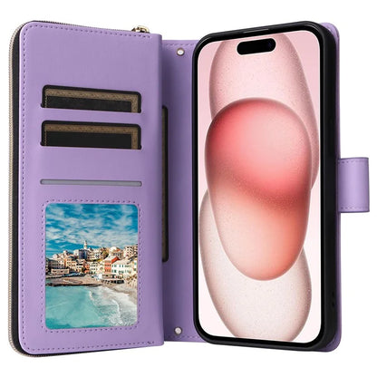 For iPhone 15 Case Leather Zipper Wallet  Phone Cover Rhombus Grid Pattern