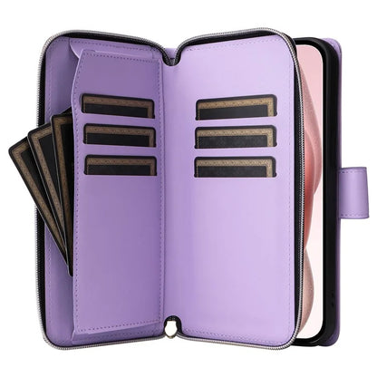 For iPhone 15 Case Leather Zipper Wallet  Phone Cover Rhombus Grid Pattern