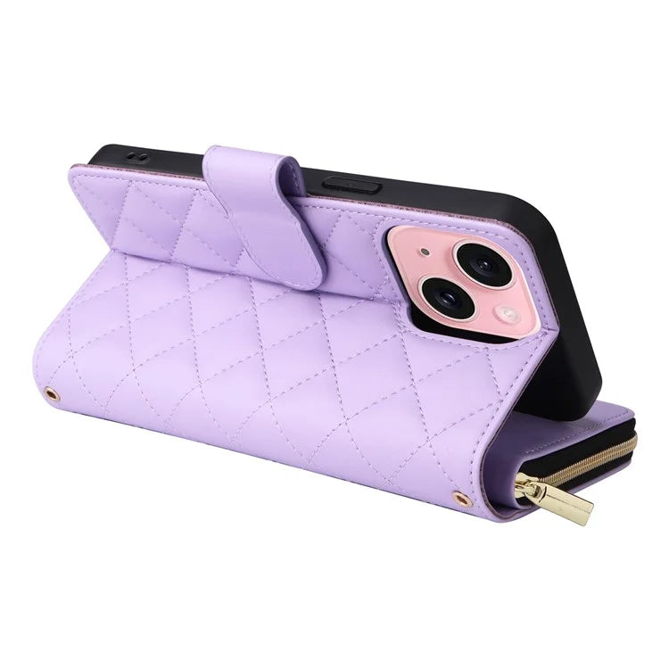 For iPhone 15 Case Leather Zipper Wallet  Phone Cover Rhombus Grid Pattern