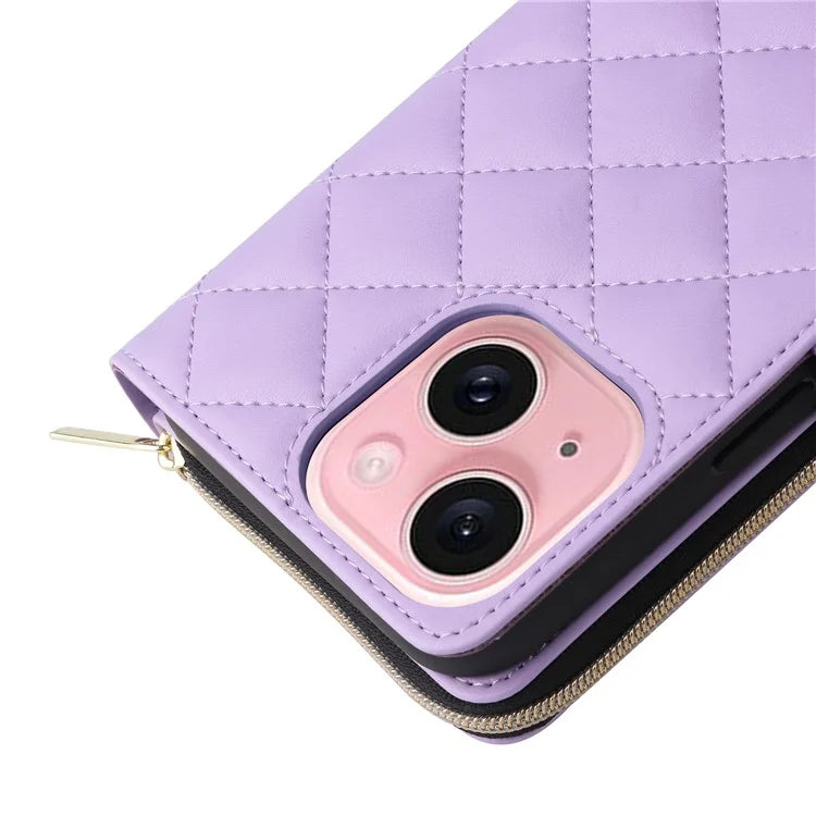 For iPhone 15 Case Leather Zipper Wallet  Phone Cover Rhombus Grid Pattern
