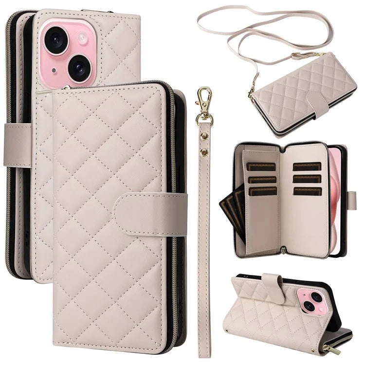 For iPhone 15 Case Leather Zipper Wallet  Phone Cover Rhombus Grid Pattern