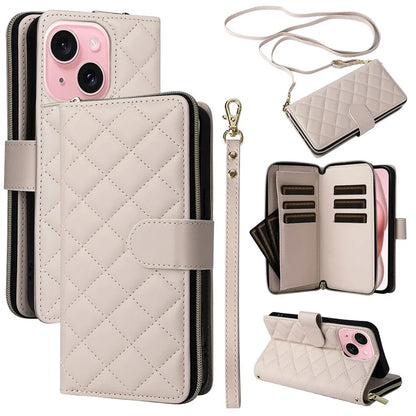 For iPhone 15 Case Leather Zipper Wallet  Phone Cover Rhombus Grid Pattern