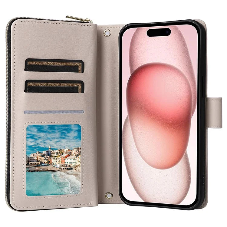 For iPhone 15 Case Leather Zipper Wallet  Phone Cover Rhombus Grid Pattern