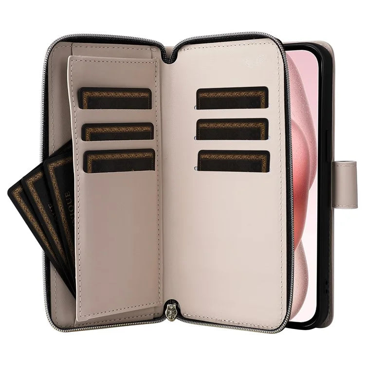 For iPhone 15 Case Leather Zipper Wallet  Phone Cover Rhombus Grid Pattern