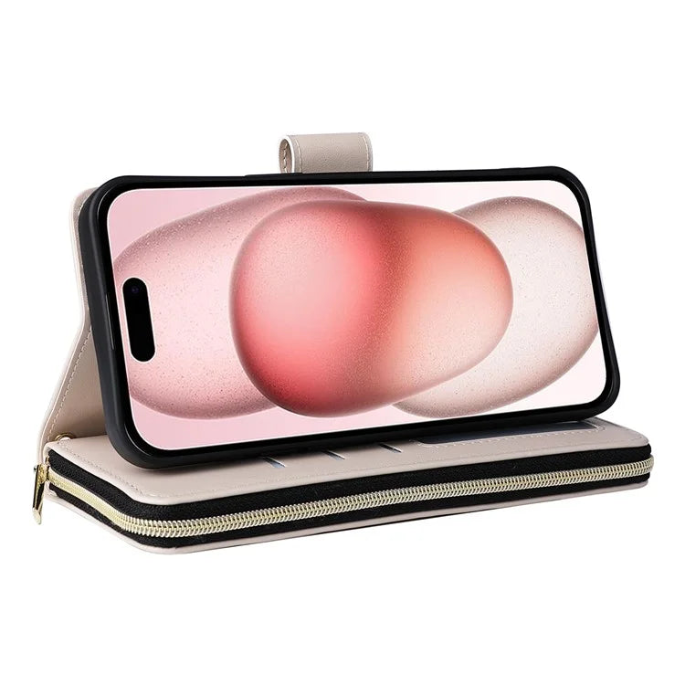 For iPhone 15 Case Leather Zipper Wallet  Phone Cover Rhombus Grid Pattern