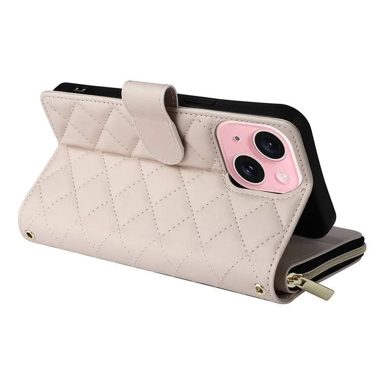 For iPhone 15 Case Leather Zipper Wallet  Phone Cover Rhombus Grid Pattern