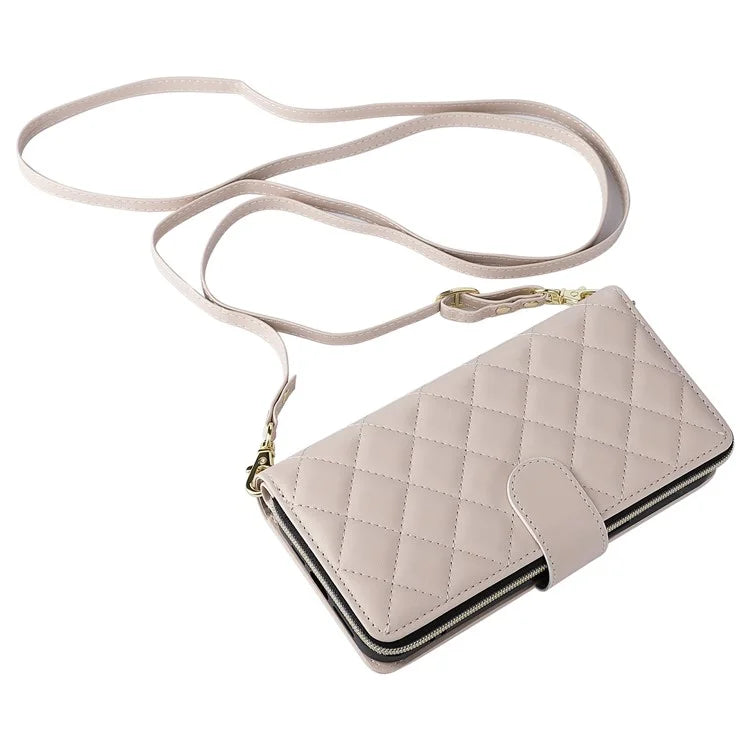 For iPhone 15 Case Leather Zipper Wallet  Phone Cover Rhombus Grid Pattern