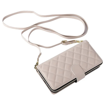 For iPhone 15 Case Leather Zipper Wallet  Phone Cover Rhombus Grid Pattern