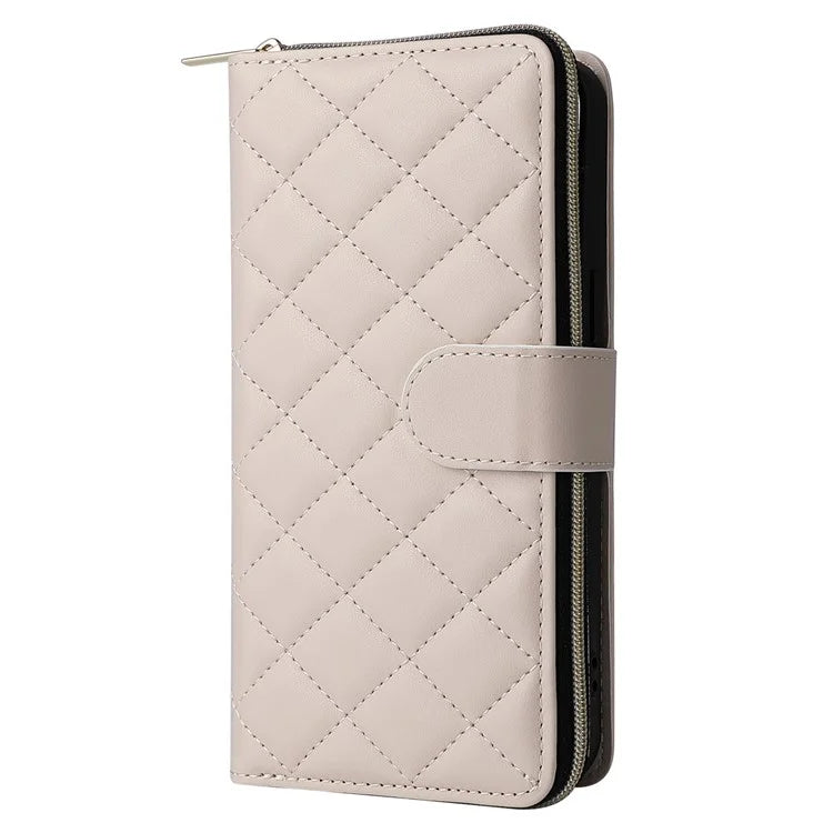 For iPhone 15 Case Leather Zipper Wallet  Phone Cover Rhombus Grid Pattern