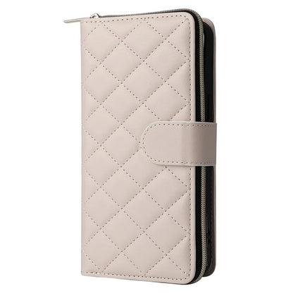For iPhone 15 Case Leather Zipper Wallet  Phone Cover Rhombus Grid Pattern