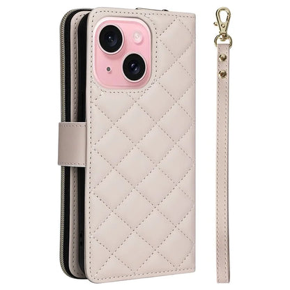 For iPhone 15 Case Leather Zipper Wallet  Phone Cover Rhombus Grid Pattern