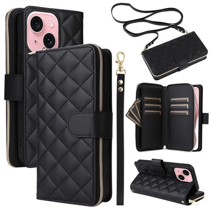 For iPhone 15 Case Leather Zipper Wallet  Phone Cover Rhombus Grid Pattern