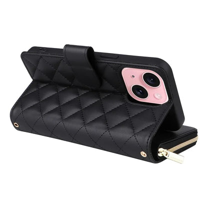 For iPhone 15 Case Leather Zipper Wallet  Phone Cover Rhombus Grid Pattern