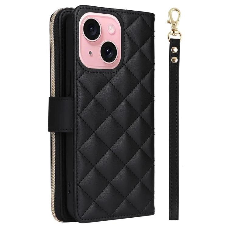 For iPhone 15 Case Leather Zipper Wallet  Phone Cover Rhombus Grid Pattern