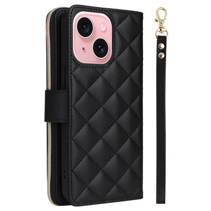 For iPhone 15 Case Leather Zipper Wallet  Phone Cover Rhombus Grid Pattern