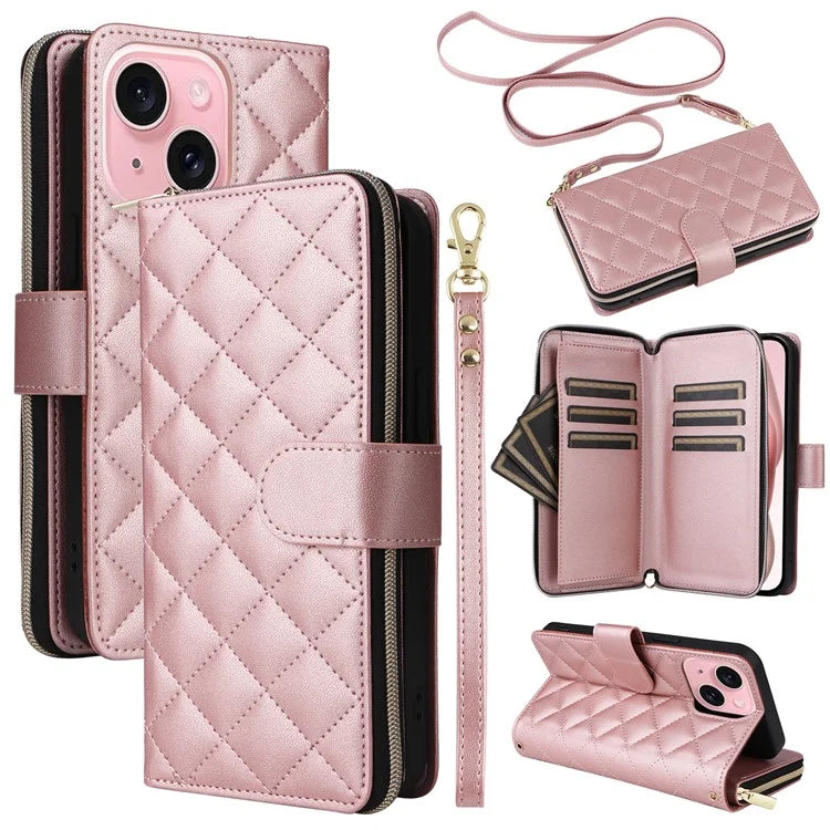 For iPhone 15 Case Leather Zipper Wallet  Phone Cover Rhombus Grid Pattern
