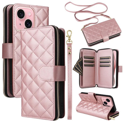For iPhone 15 Case Leather Zipper Wallet  Phone Cover Rhombus Grid Pattern