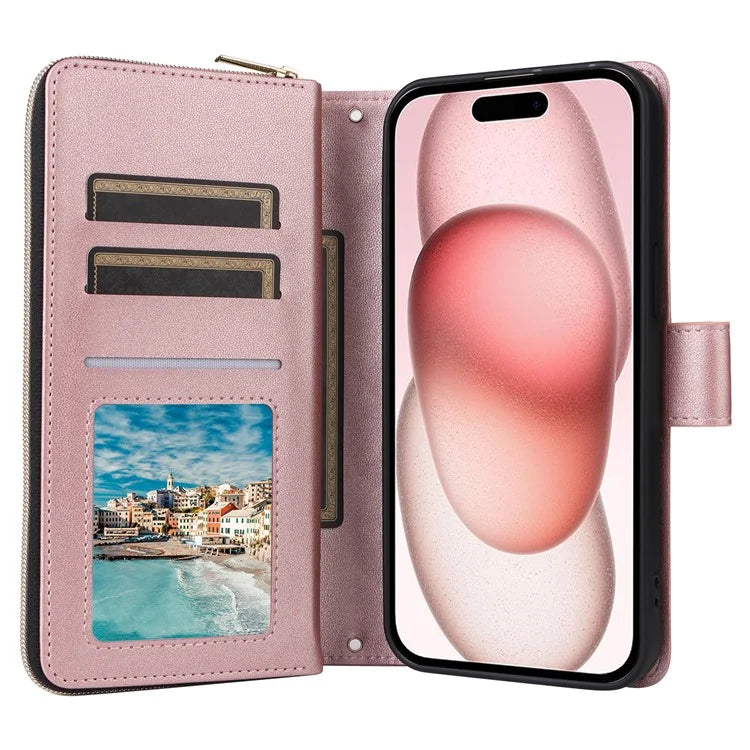 For iPhone 15 Case Leather Zipper Wallet  Phone Cover Rhombus Grid Pattern