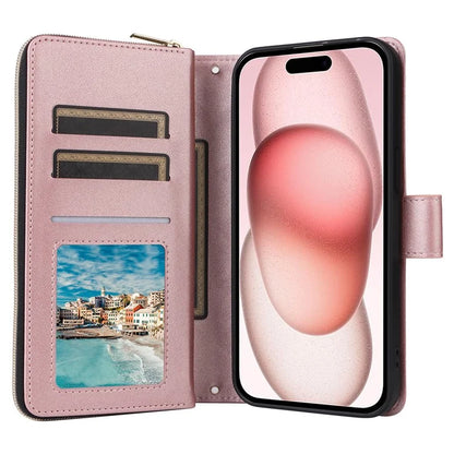 For iPhone 15 Case Leather Zipper Wallet  Phone Cover Rhombus Grid Pattern