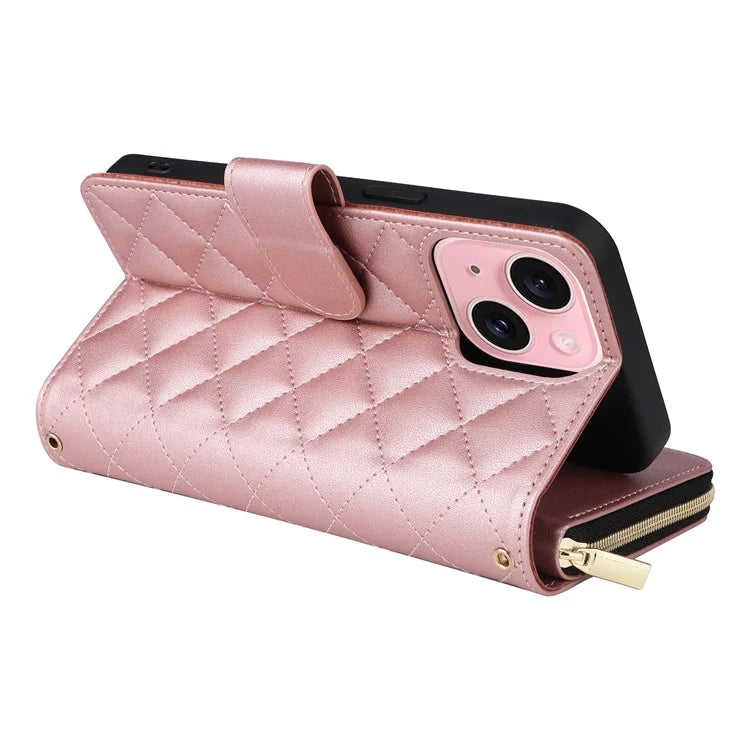 For iPhone 15 Case Leather Zipper Wallet  Phone Cover Rhombus Grid Pattern