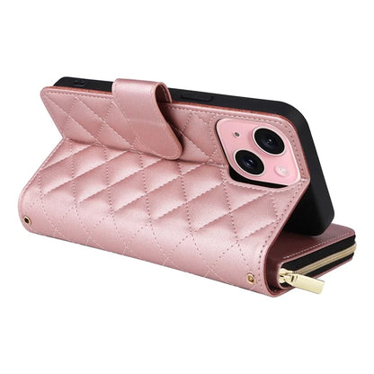 For iPhone 15 Case Leather Zipper Wallet  Phone Cover Rhombus Grid Pattern