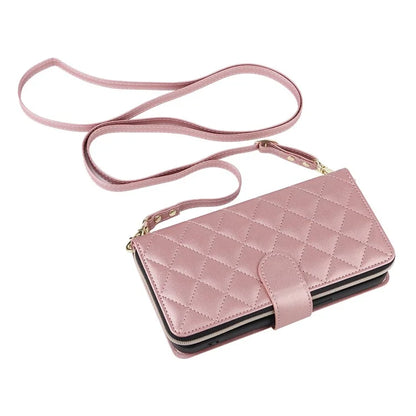 For iPhone 15 Case Leather Zipper Wallet  Phone Cover Rhombus Grid Pattern