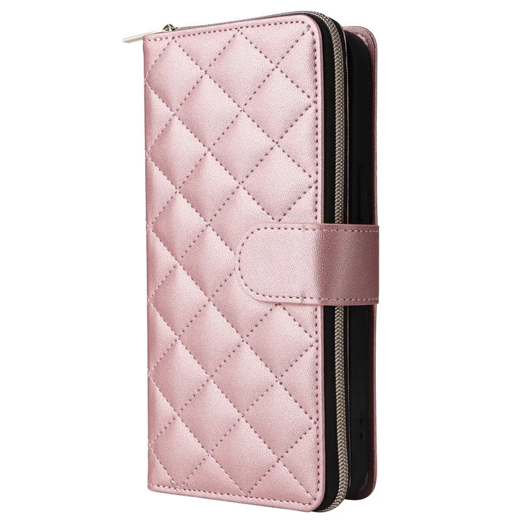 For iPhone 15 Case Leather Zipper Wallet  Phone Cover Rhombus Grid Pattern