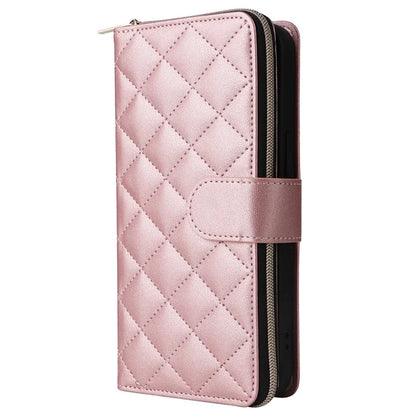 For iPhone 15 Case Leather Zipper Wallet  Phone Cover Rhombus Grid Pattern