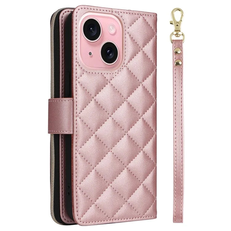 For iPhone 15 Case Leather Zipper Wallet  Phone Cover Rhombus Grid Pattern