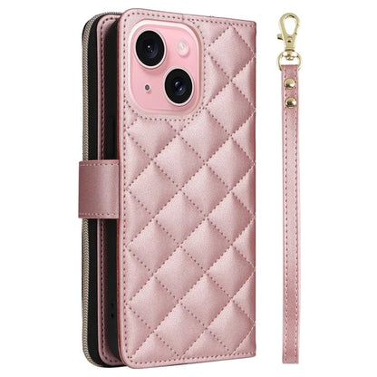 For iPhone 15 Case Leather Zipper Wallet  Phone Cover Rhombus Grid Pattern
