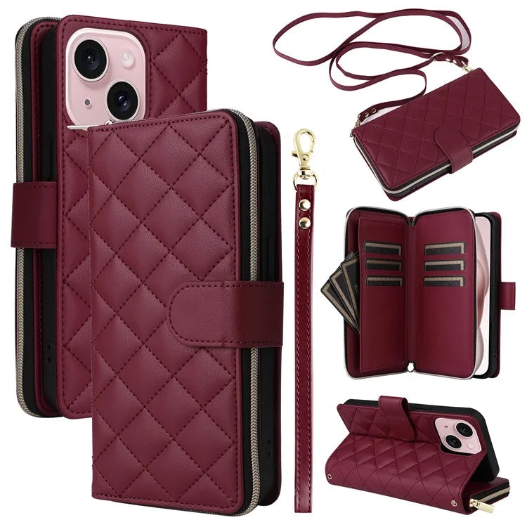 For iPhone 15 Case Leather Zipper Wallet  Phone Cover Rhombus Grid Pattern