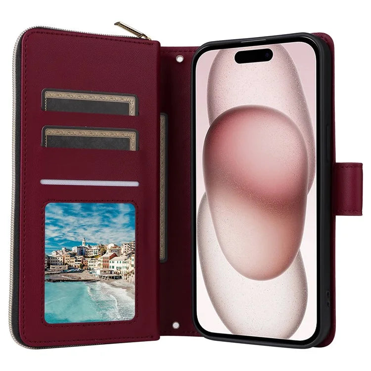 For iPhone 15 Case Leather Zipper Wallet  Phone Cover Rhombus Grid Pattern