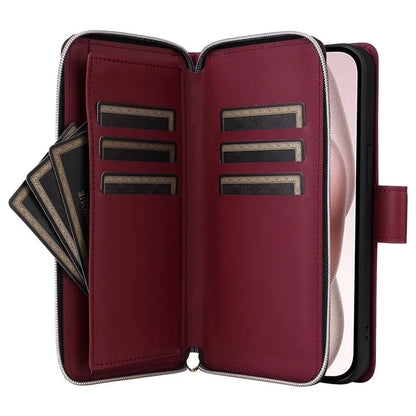For iPhone 15 Case Leather Zipper Wallet  Phone Cover Rhombus Grid Pattern