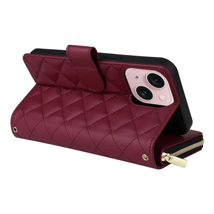 For iPhone 15 Case Leather Zipper Wallet  Phone Cover Rhombus Grid Pattern