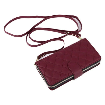 For iPhone 15 Case Leather Zipper Wallet  Phone Cover Rhombus Grid Pattern