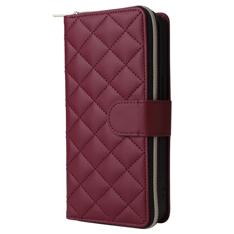 For iPhone 15 Case Leather Zipper Wallet  Phone Cover Rhombus Grid Pattern